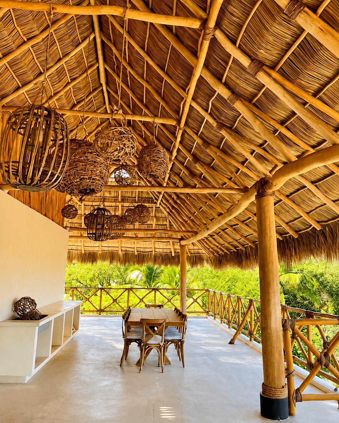 Palapa en la azotea con comedor sobre la selva