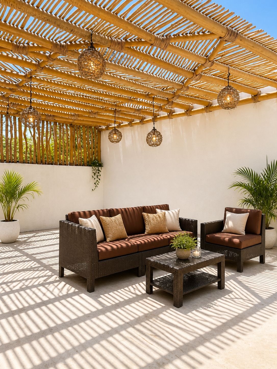 Patio sombreado bajo una pérgola de bambú