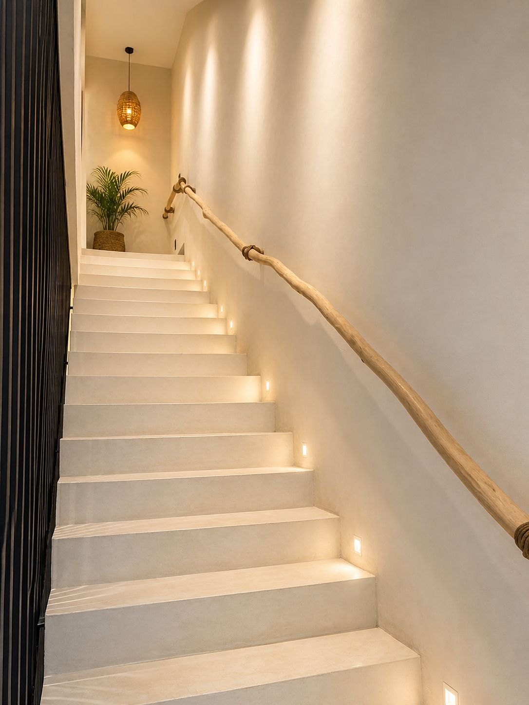 Escalera con pasamanos de madera, iluminada en cada escalón