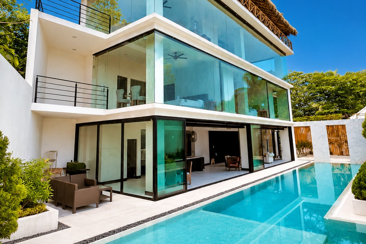 Villa Primavera en San Pancho, tres niveles con muros de cristal sobre una alberca privada, con palapa en la azotea