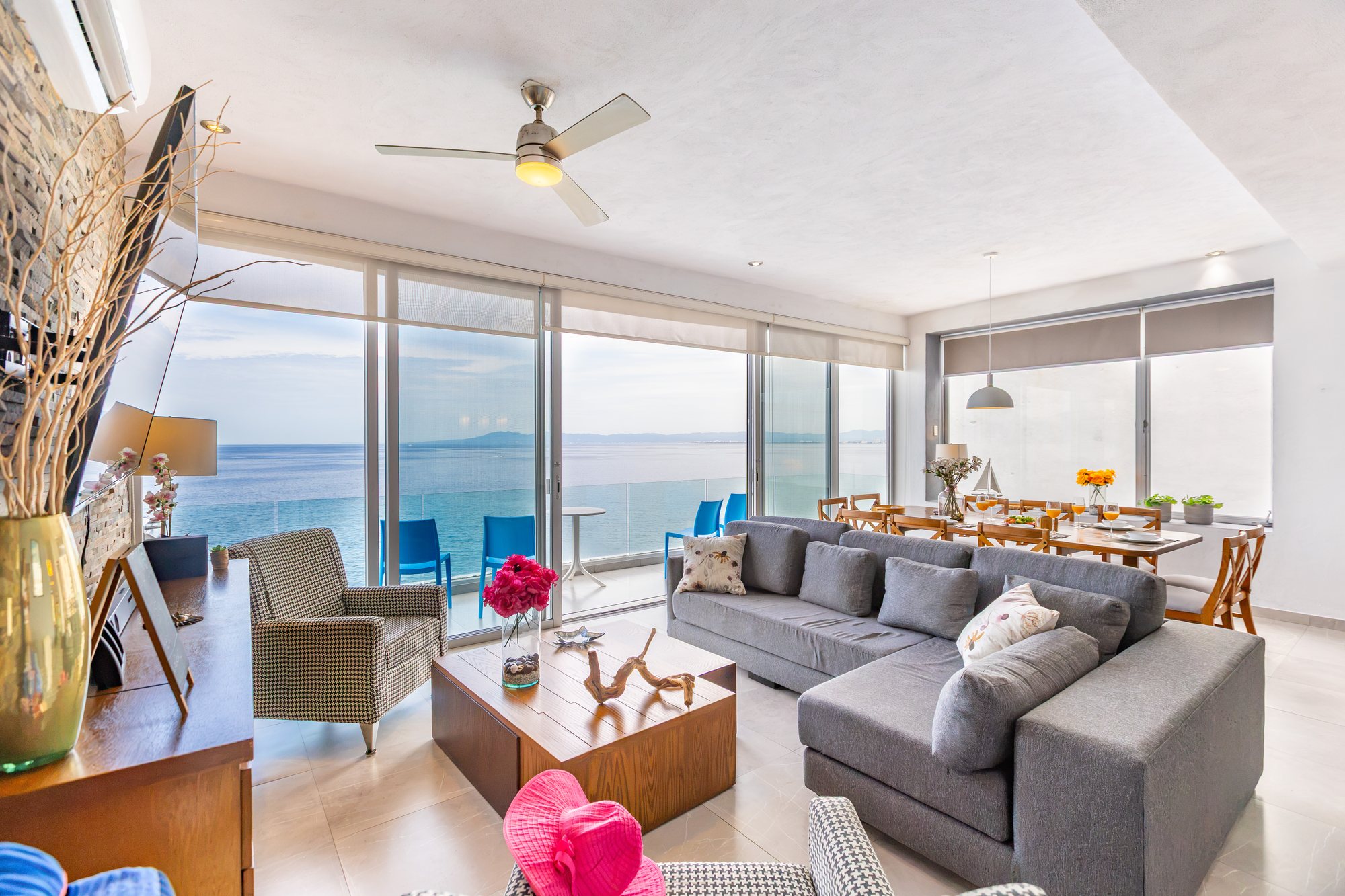 Living room with floor-to-ceiling glass on the ocean