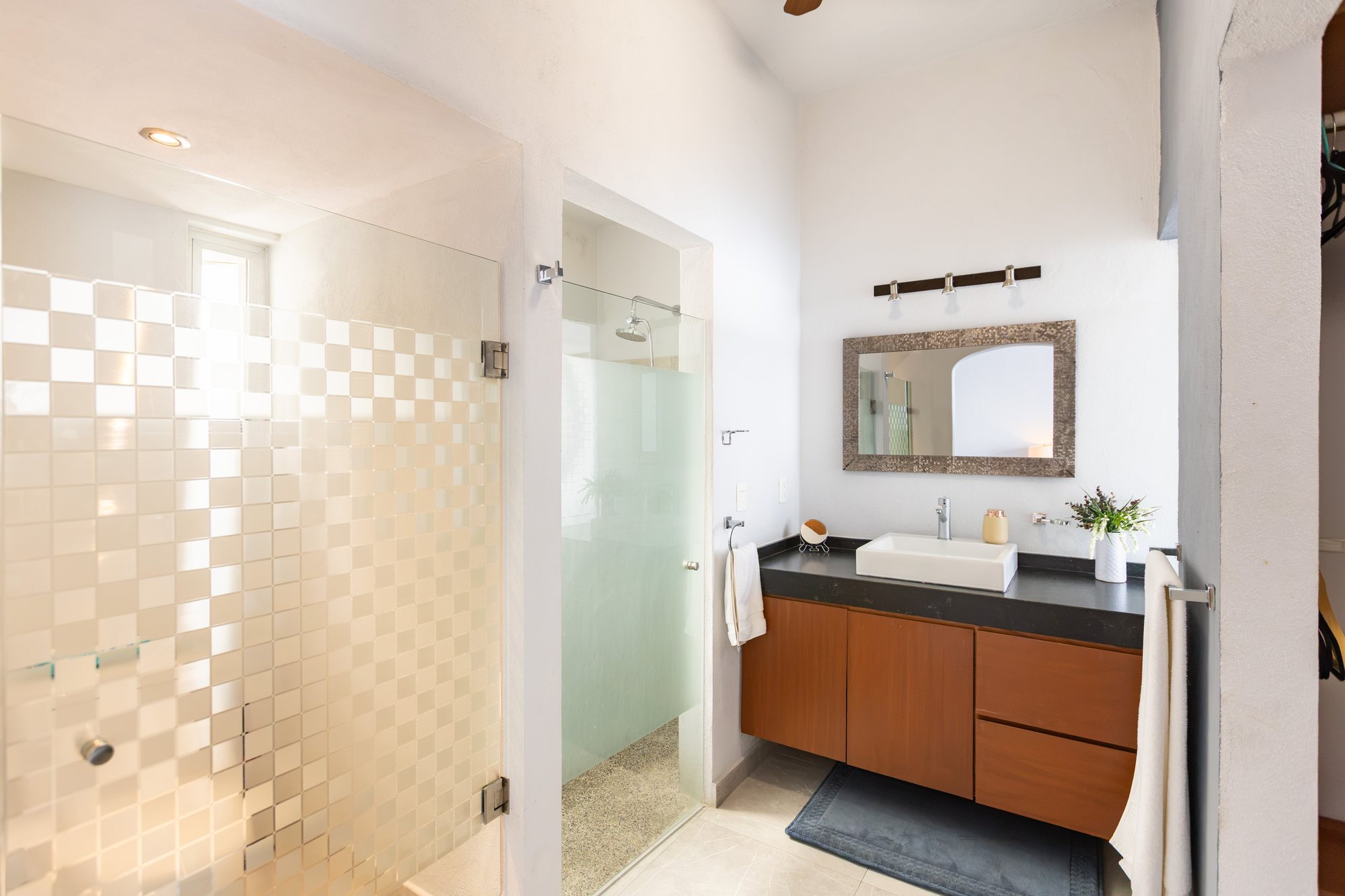 Bathroom with a frosted glass shower