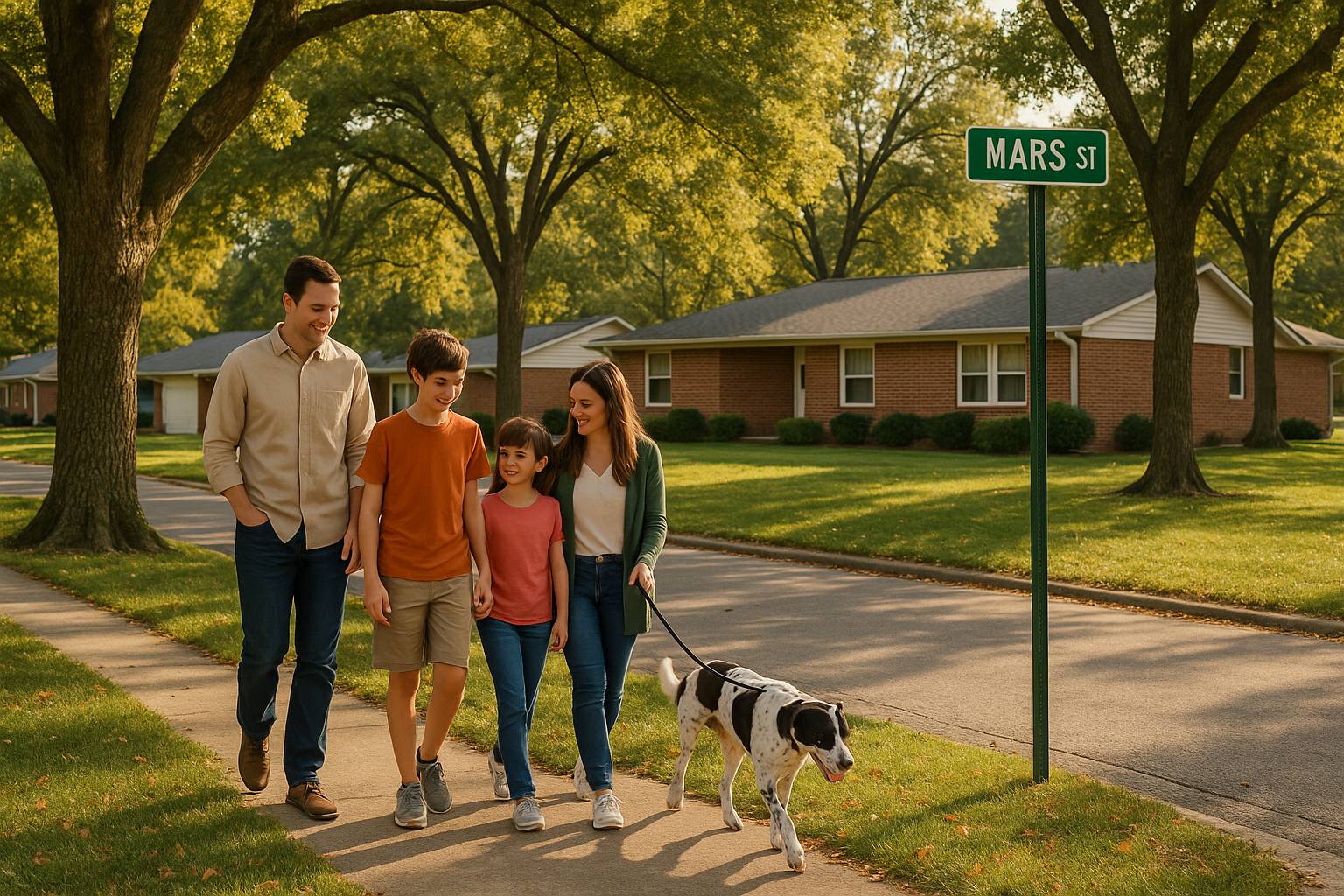 Family Walking their dog down Mars Street