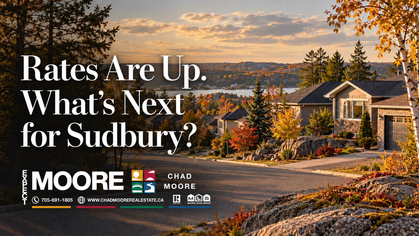 Rates Are Up. What's Next for Sudbury? An autumn neighbourhood illustration with the Expect Moore logo.
