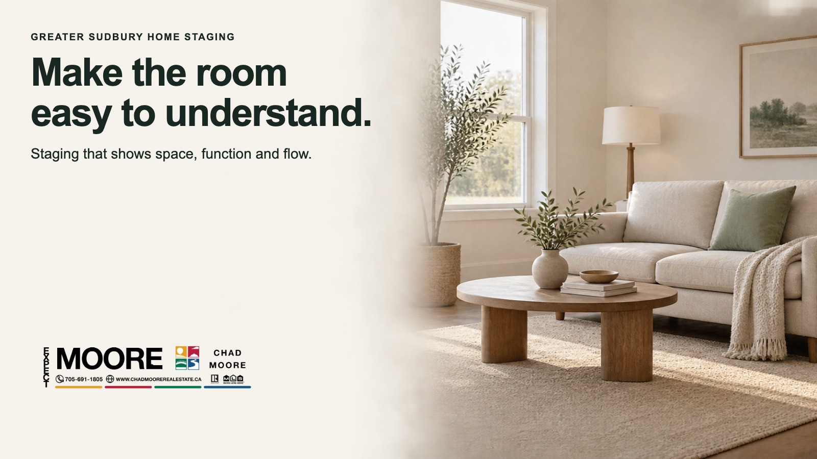 Home staging graphic with a furnished living room and the message Make the room easy to understand