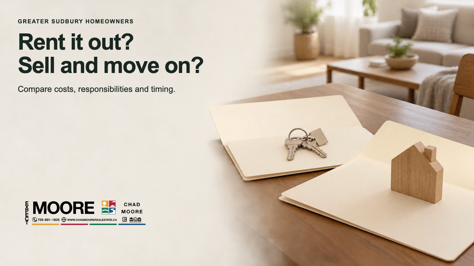 Illustration comparing the costs, responsibilities and timing of renting or selling a home