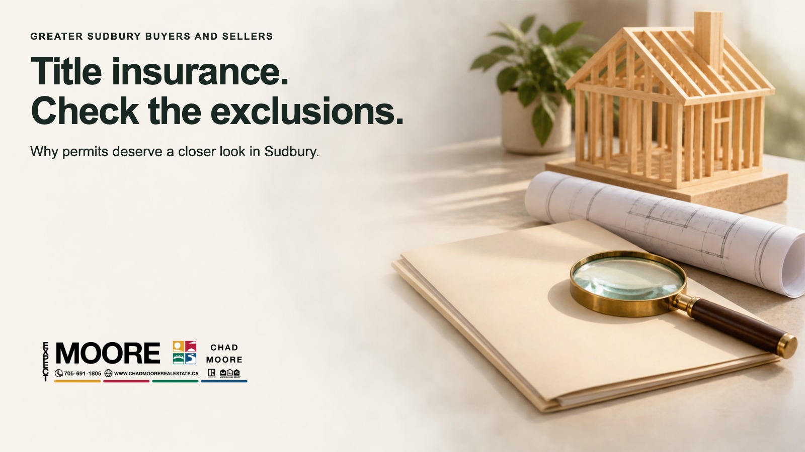 Graphic reading ‘Title insurance. Check the exclusions.’ beside a model home and building plans