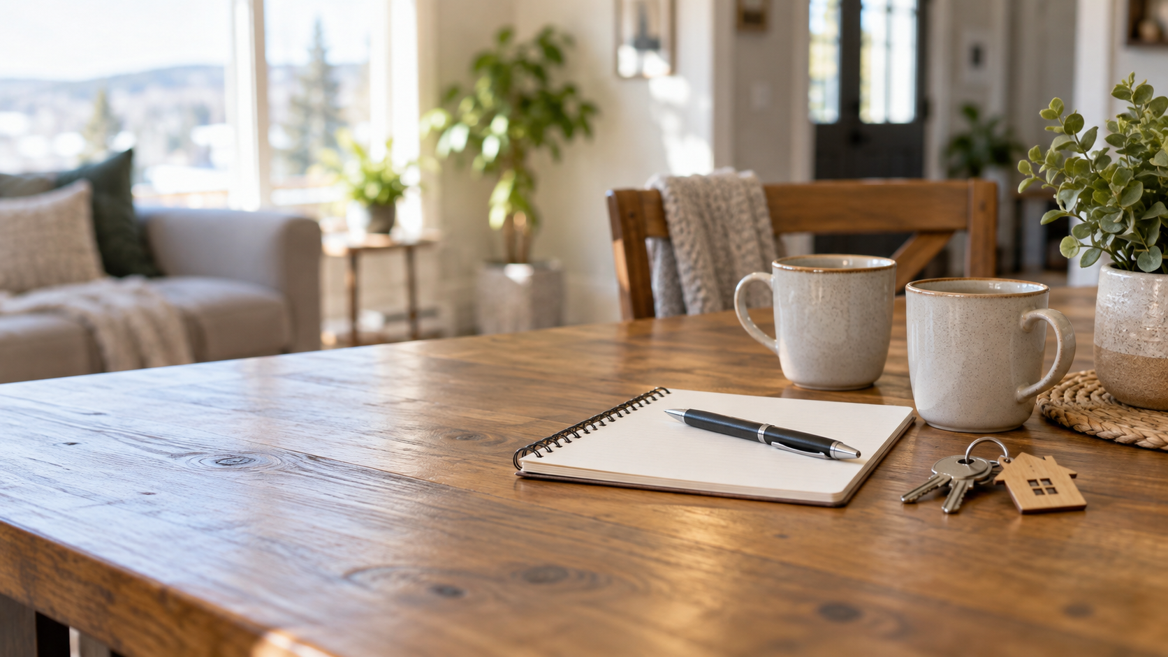Notebook, mugs and keys on a table laid out for home-buying plans