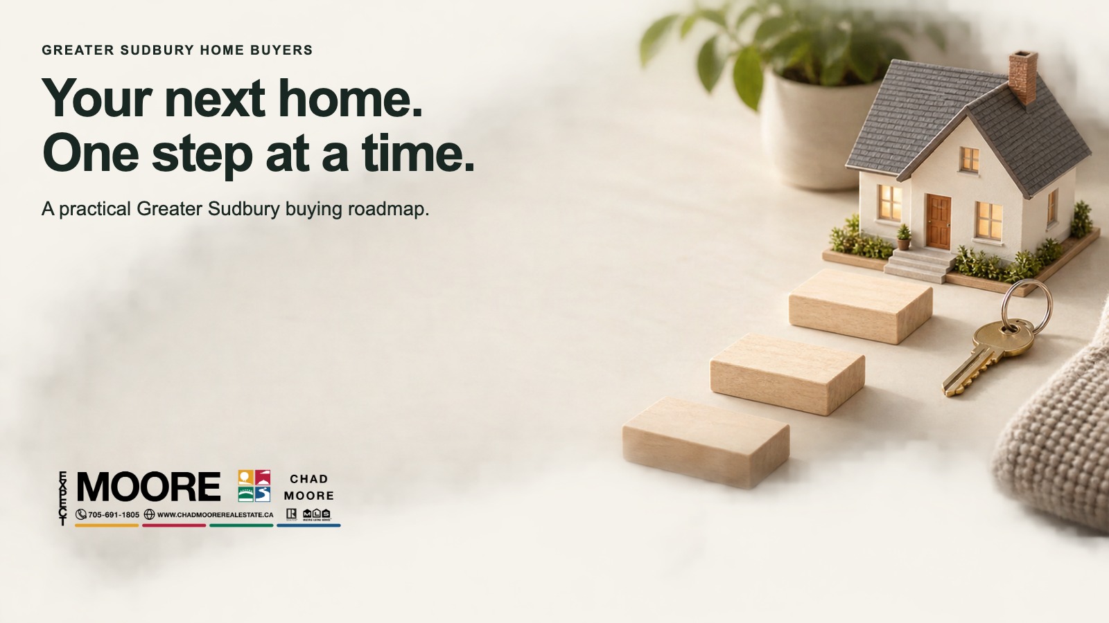 Illustration of a model home, key and rising steps with the words Your next home. One step at a time.