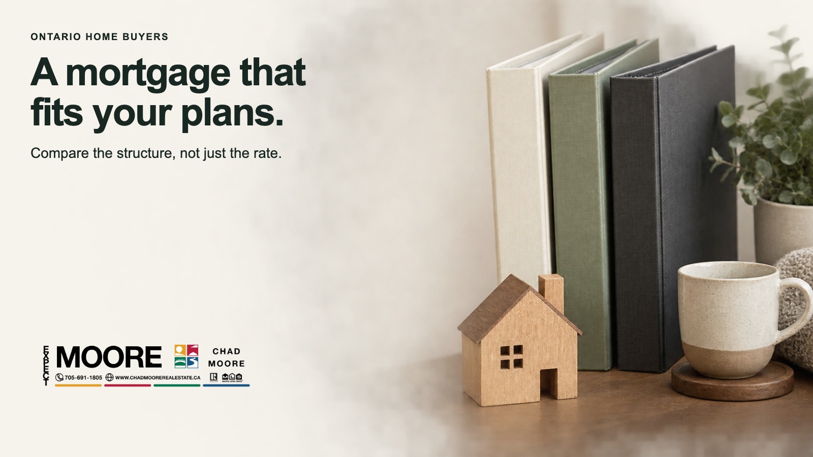 Branded mortgage-options image with a wooden house, books and a coffee mug