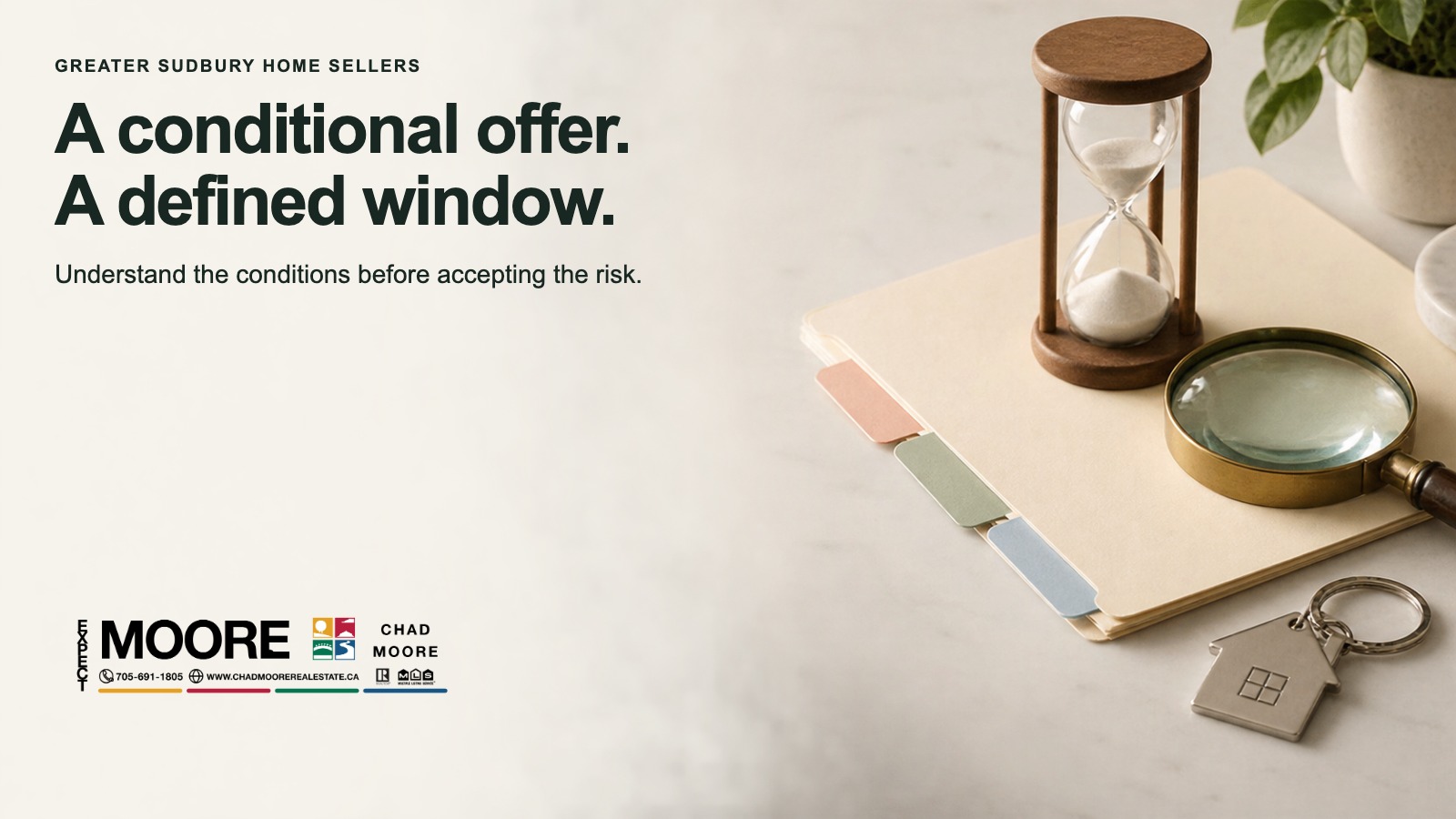 Branded conditional-offer graphic with an hourglass, clipboard, magnifying glass and house key