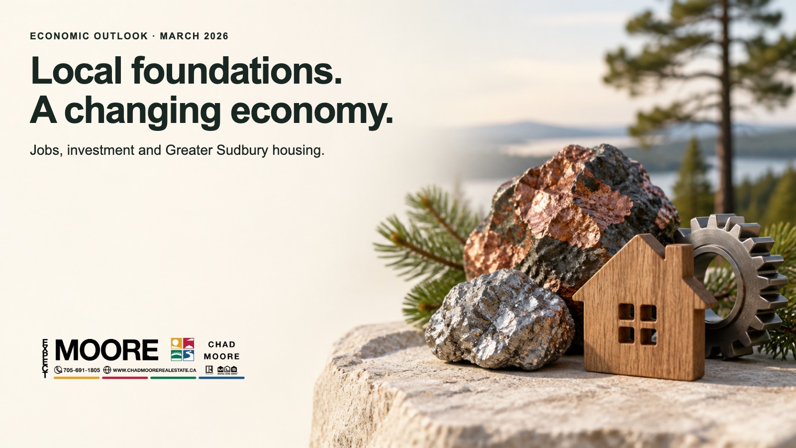 Mineral rocks, a wooden house and a gear in a Greater Sudbury economic-outlook graphic