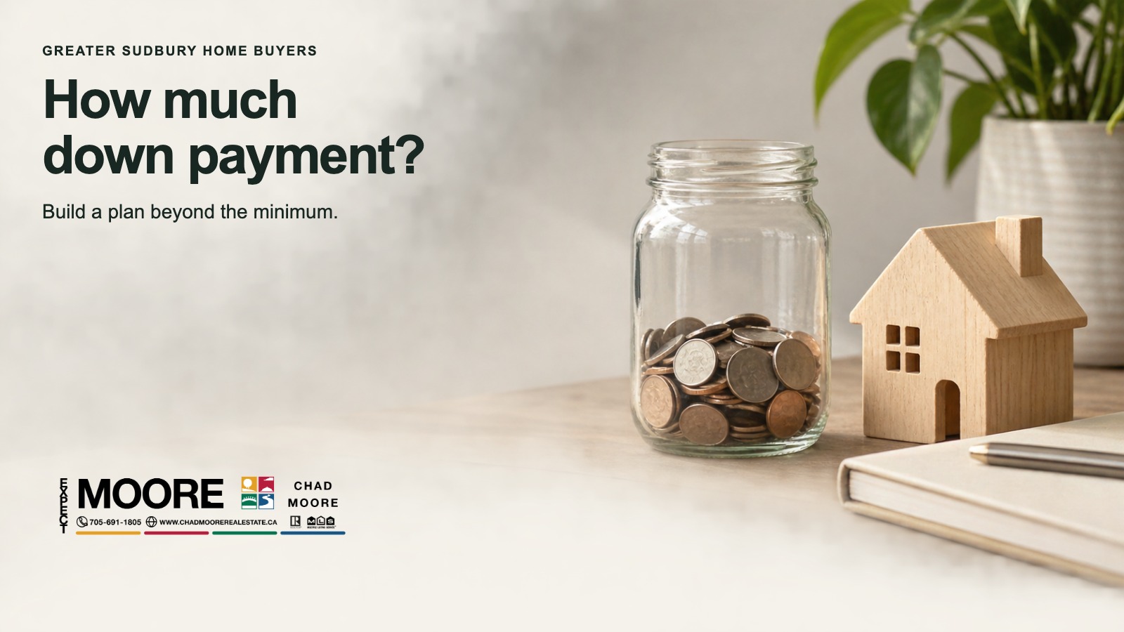 Branded down-payment guide graphic with a coin-filled jar and small wooden house