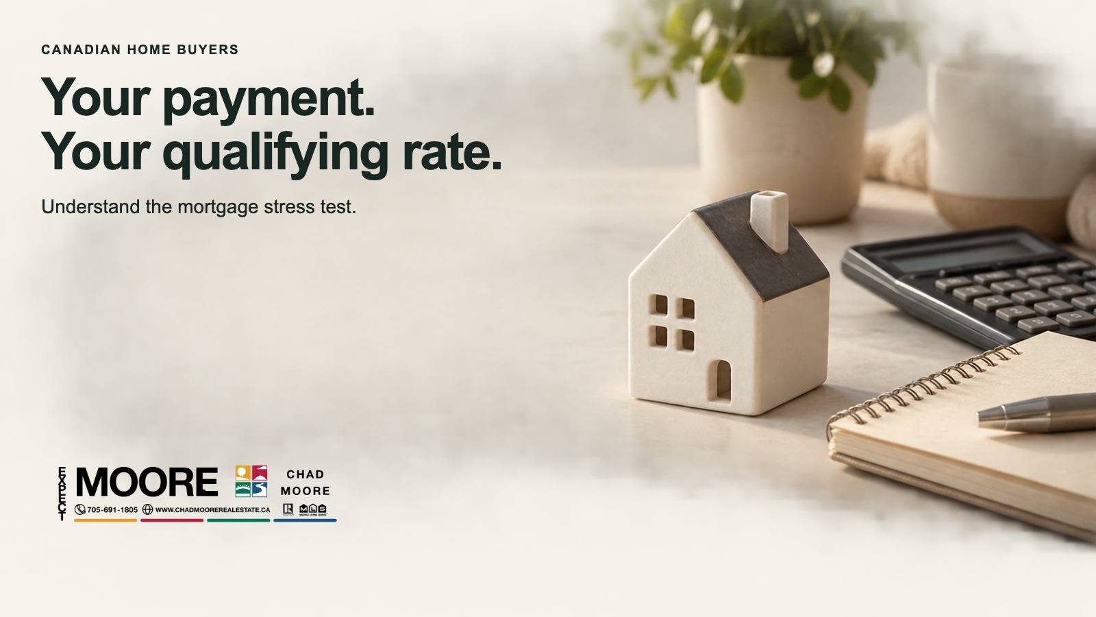 Branded mortgage stress-test graphic with a wooden house, calculator and notepad