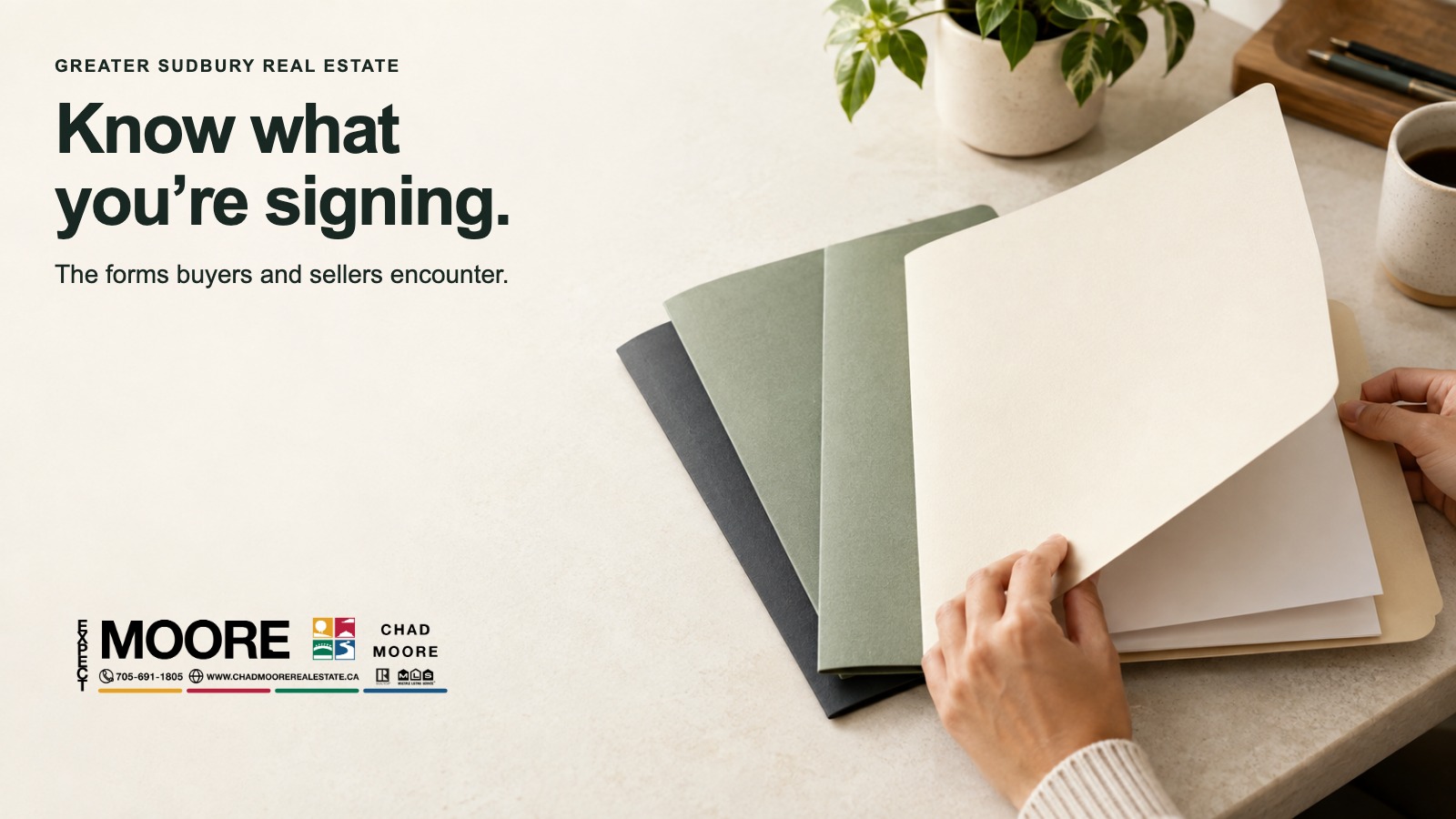 Branded image of hands reviewing papers beside the words Know what you are signing.