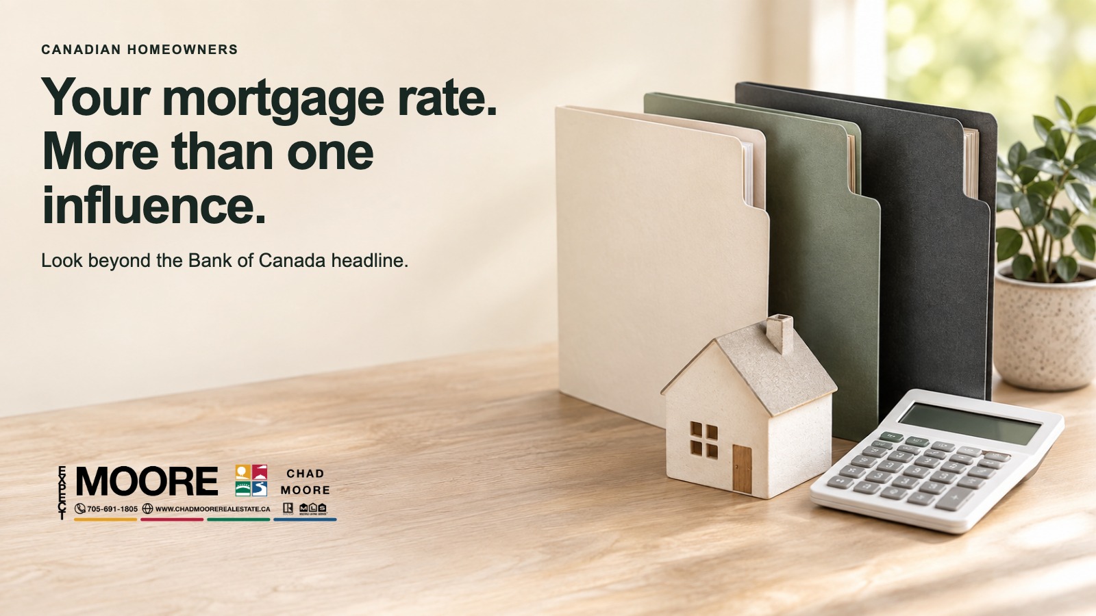 Branded mortgage-rate graphic with a wooden house, folders and calculator