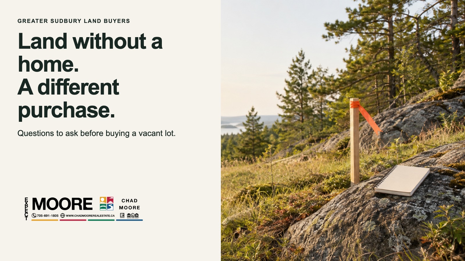Branded image of a rocky wooded lot beside the words Land without a home. A different purchase.