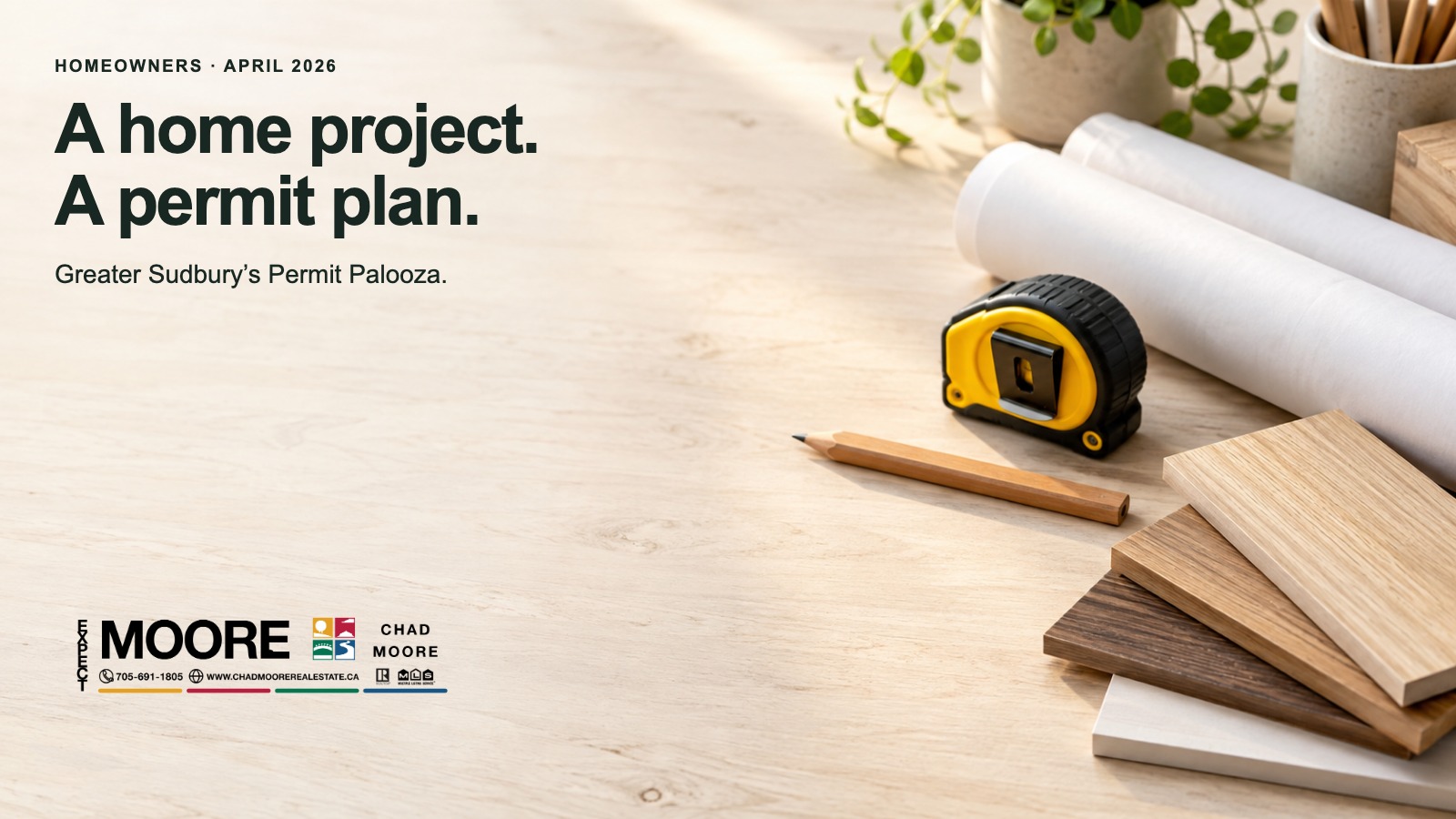 Rolled home plans, yellow tape measure, pencil and wood samples on a desk