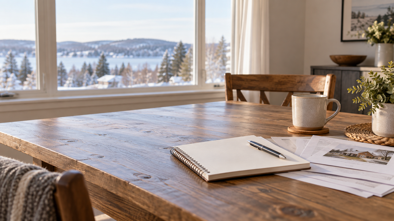 Notebook and property-planning materials on a table beside a window
