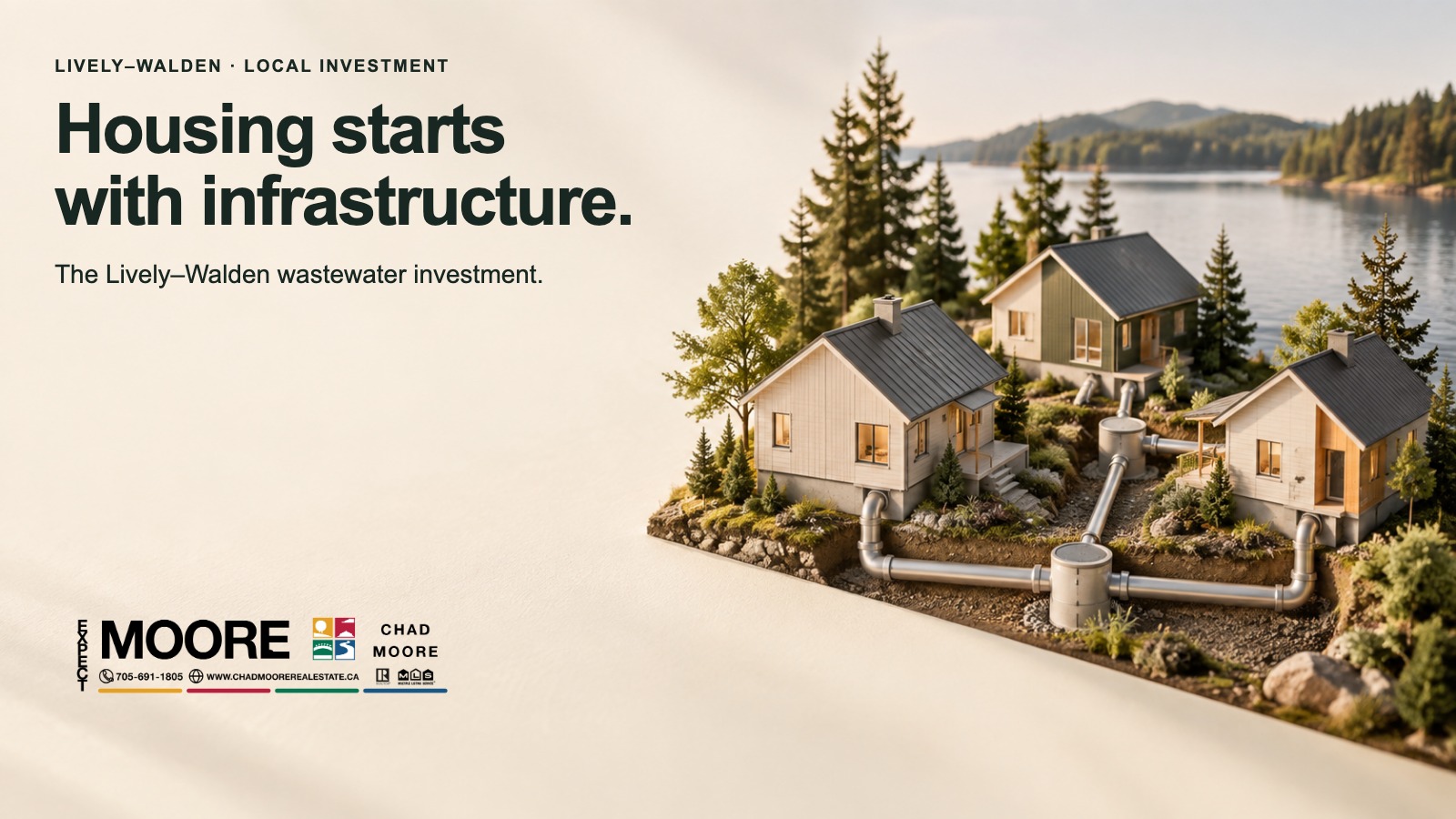 Illustration of homes connected to wastewater pipes with the message Housing starts with infrastructure