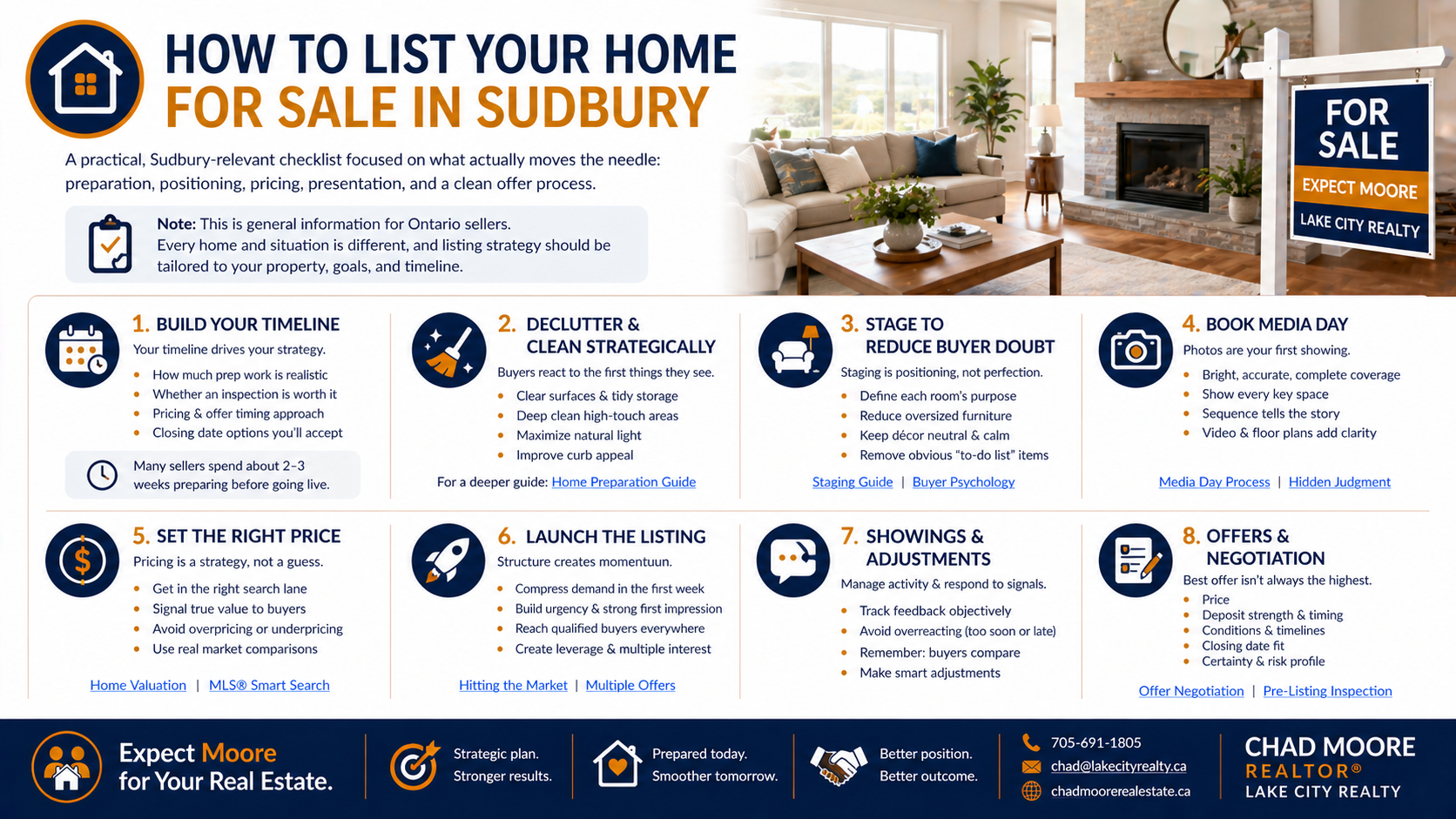 How to list your home for sale in Sudbury with a practical seller checklist covering timeline, decluttering, staging, media day, pricing, listing launch, showings, adjustments, offers, and negotiation.