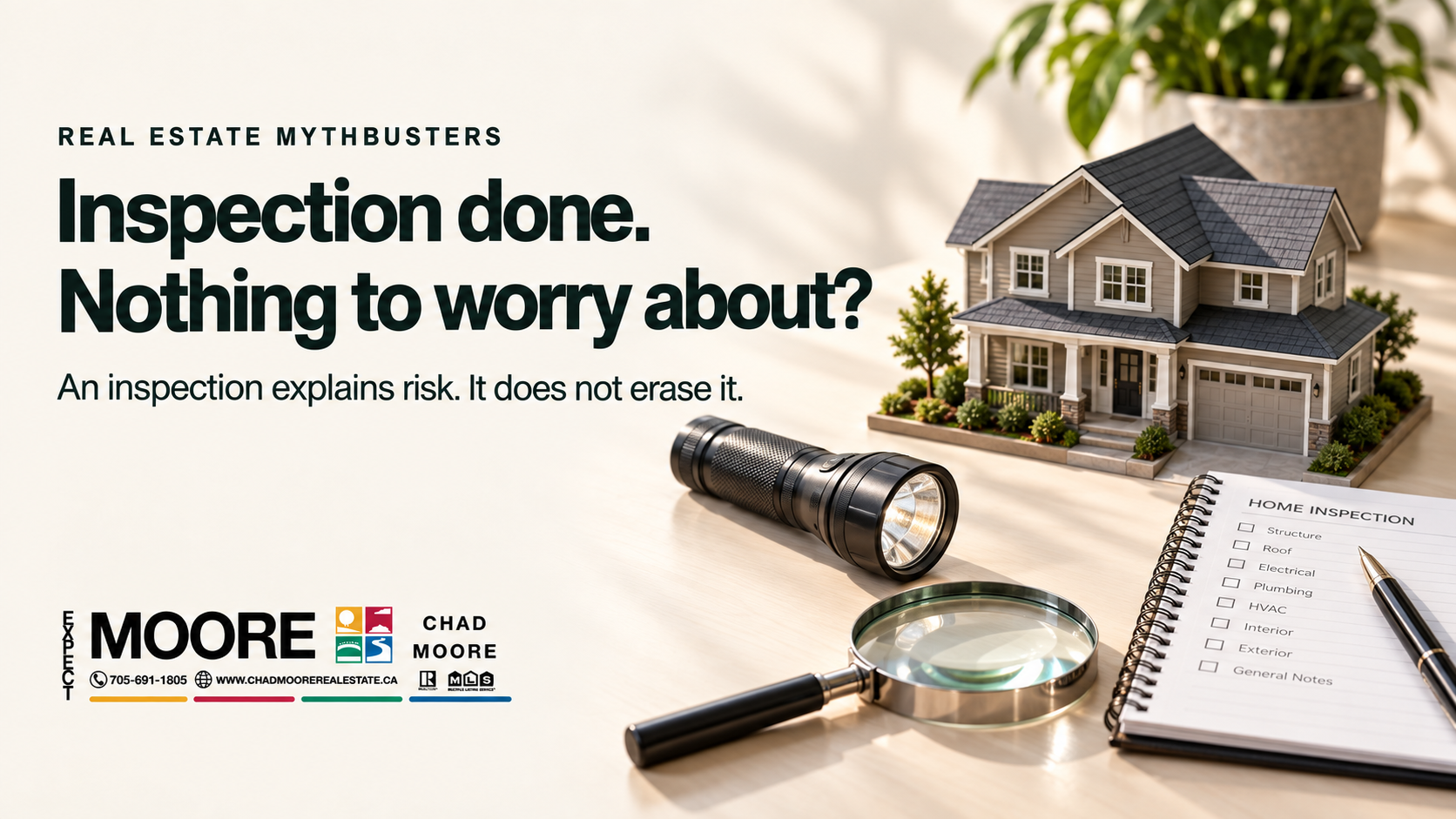 Illustrative flashlight, inspection notebook and model home; inspection done, nothing to worry about?