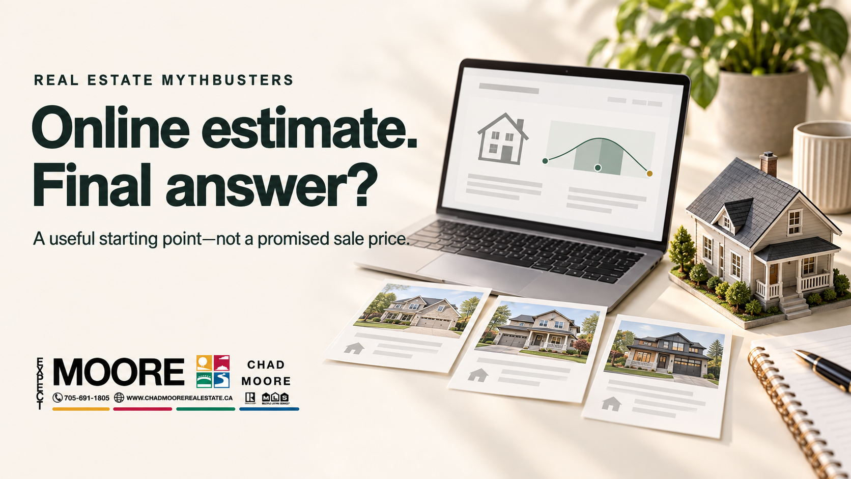 Illustrative laptop estimate beside a model home and comparable-property cards; online estimate, final answer?