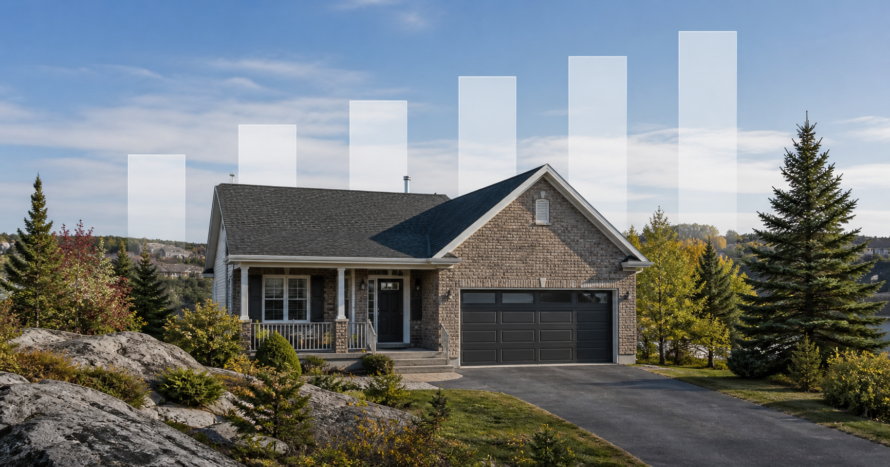 Greater Sudbury home with a simple rising historical data motif; editorial illustration of the 2021-2026 MLS cohort.