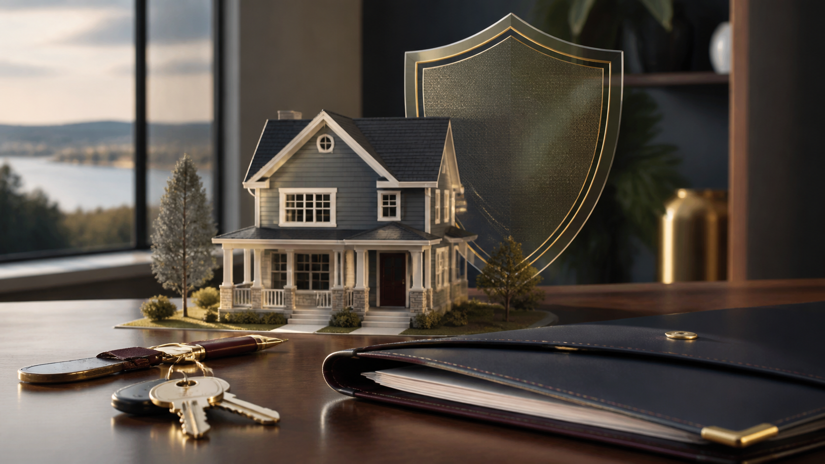 Illustration of a model house beside a shield, keys and property documents