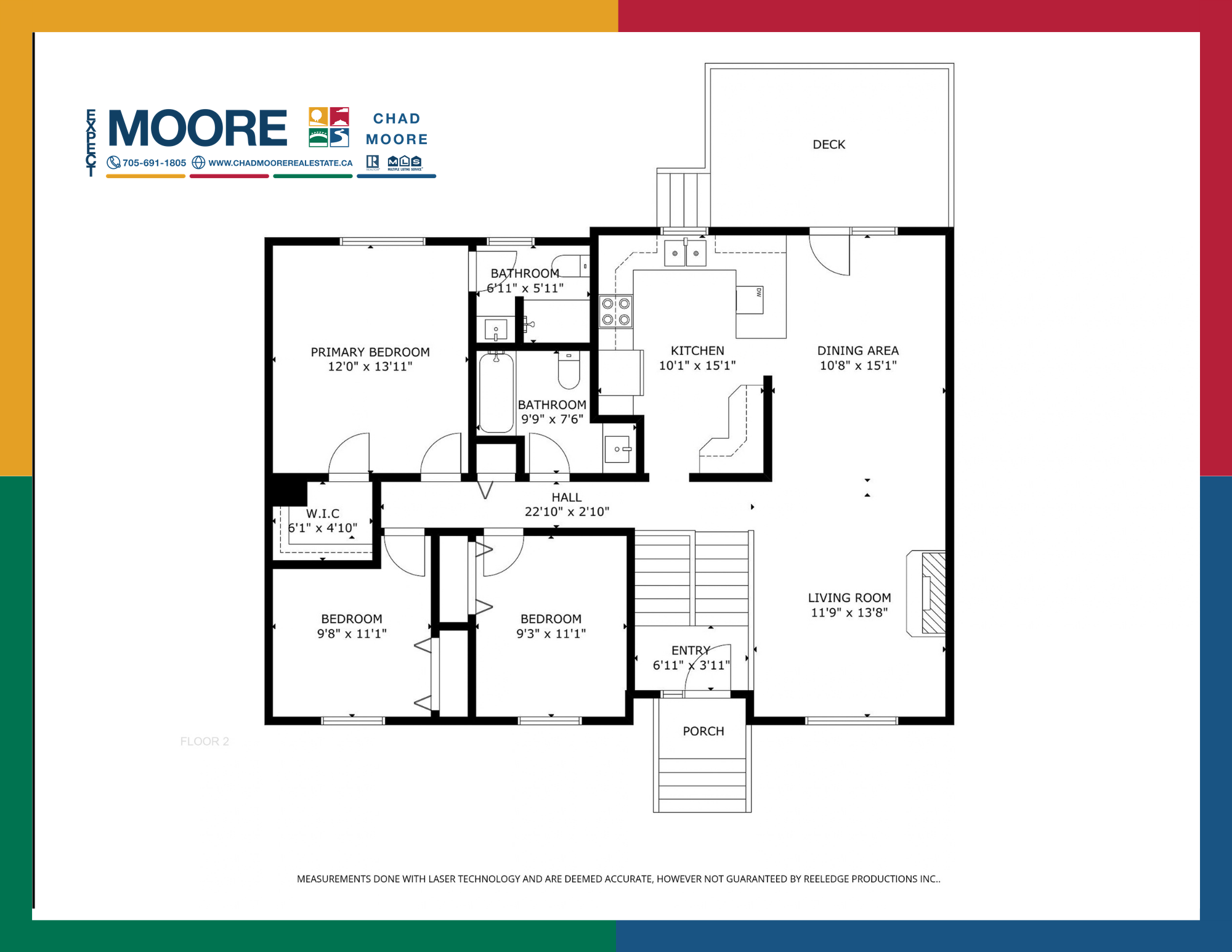 Branded main-floor plan of 20 Hazel Street showing living, dining, kitchen, three bedrooms, two bathrooms and deck