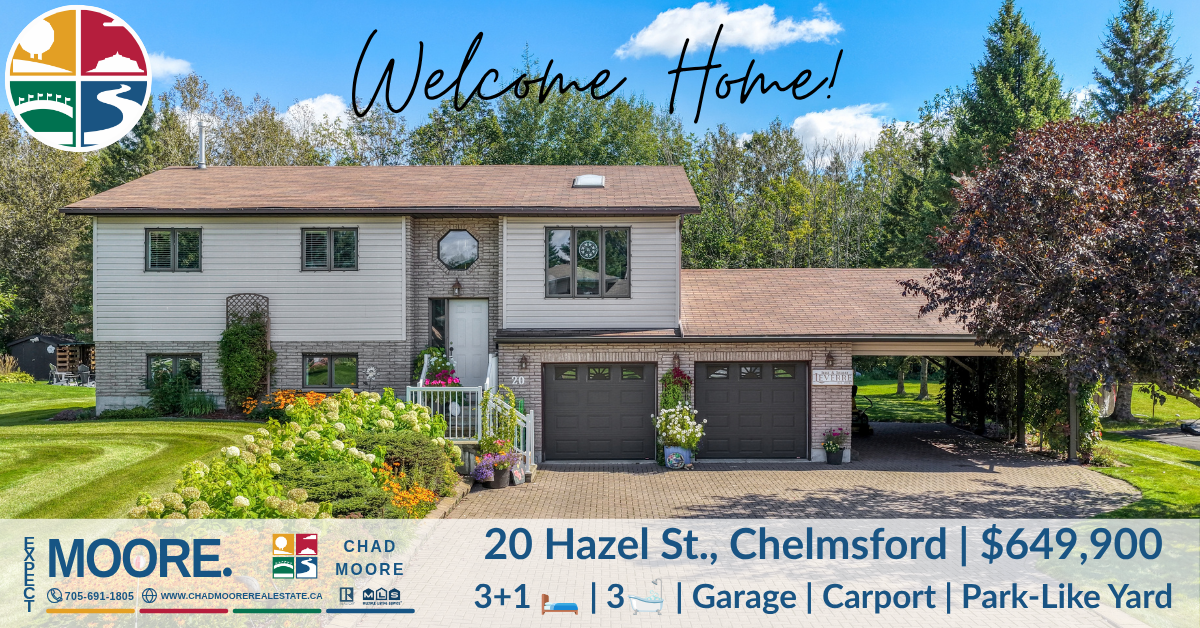 Branded view of 20 Hazel Street with its landscaped front garden, double garage, carport, address and asking price