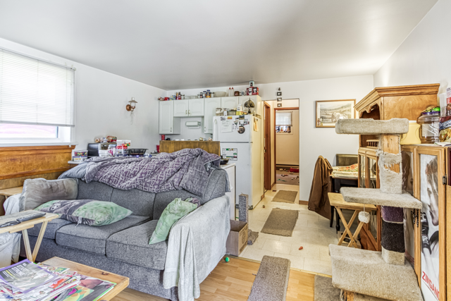 Living area and kitchen in the main-floor apartment