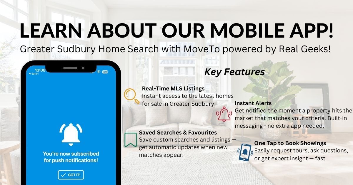 Promotional graphic for the Chad Moore Real Estate mobile app: Greater Sudbury home search with MoveTo powered by Real Geeks.