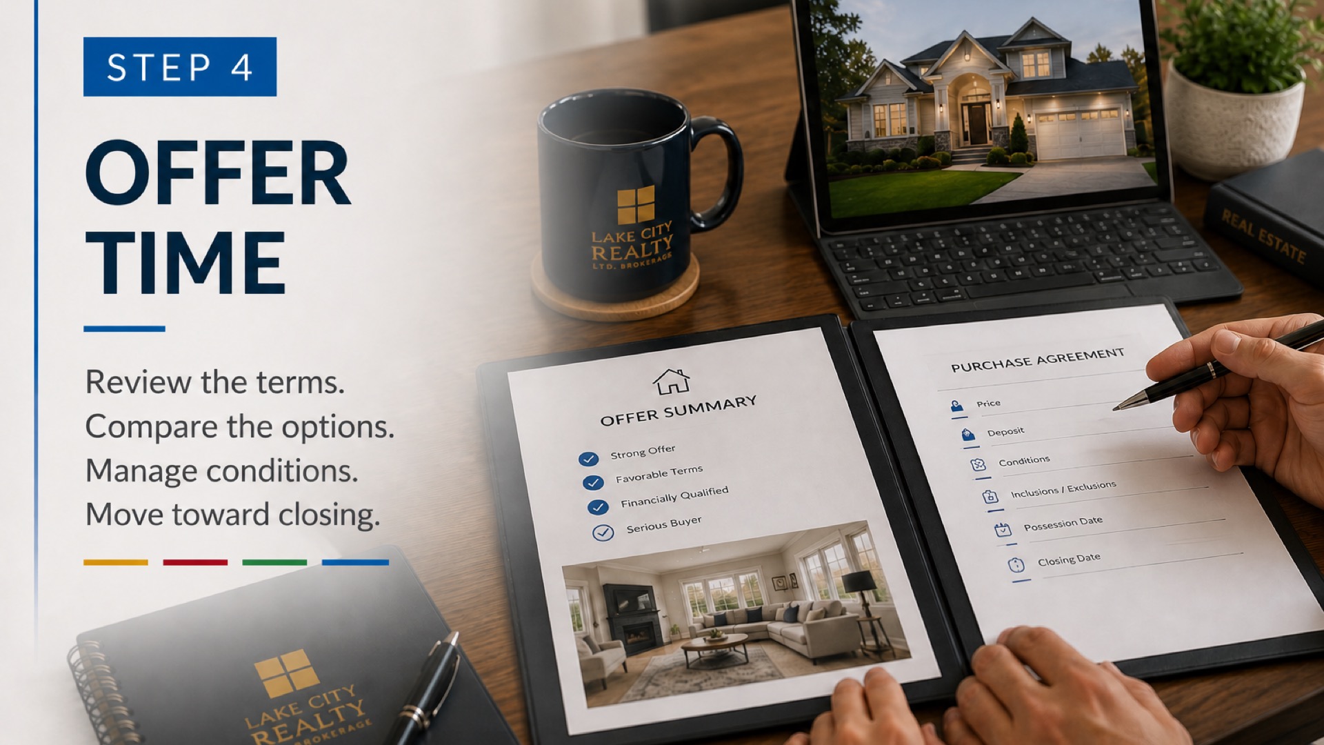 Step 4, Offer Time: review terms, compare options, manage conditions and move toward closing