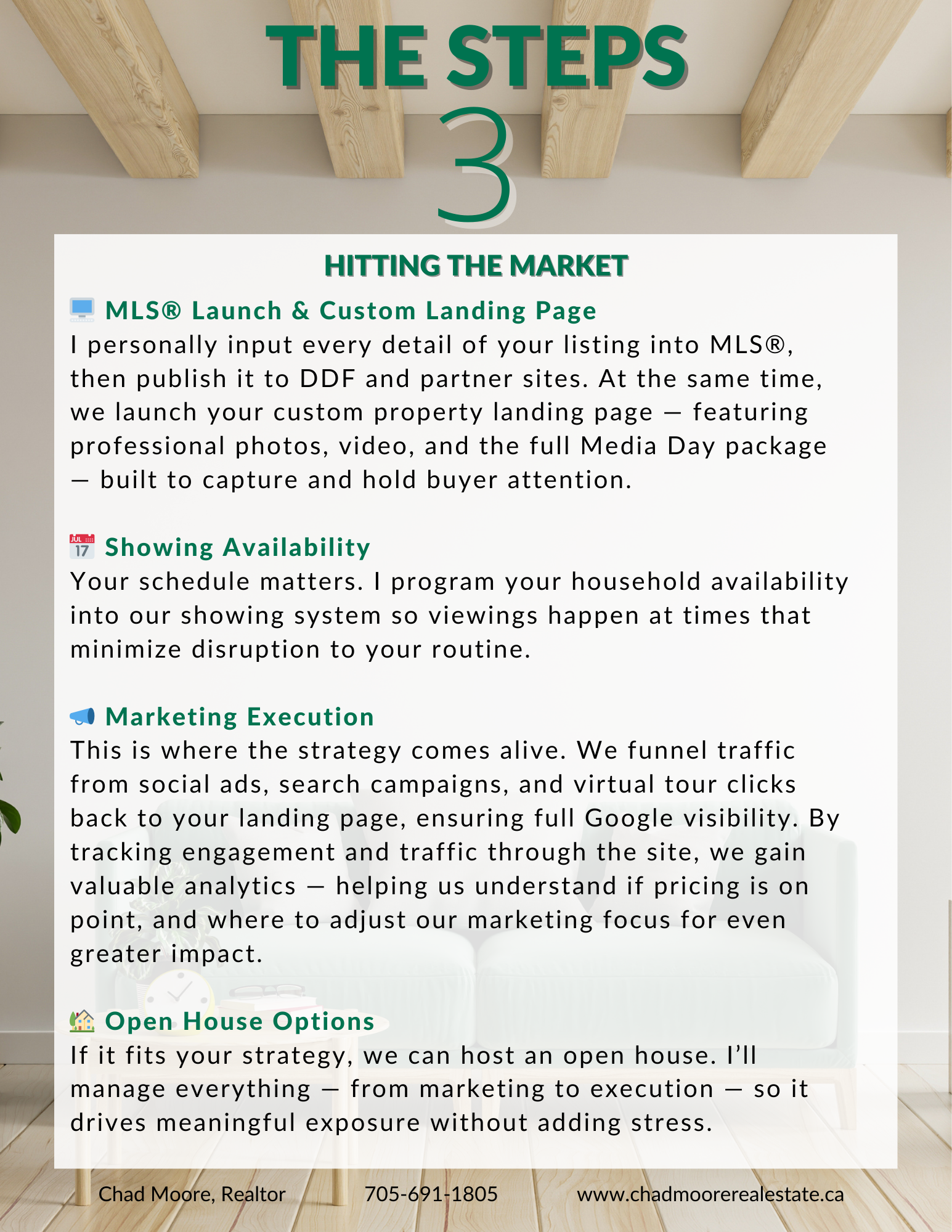 Step 3 graphic from the Seller Experience Guide showing MLS launch and custom landing page, showing availability, marketing execution, and open house options.