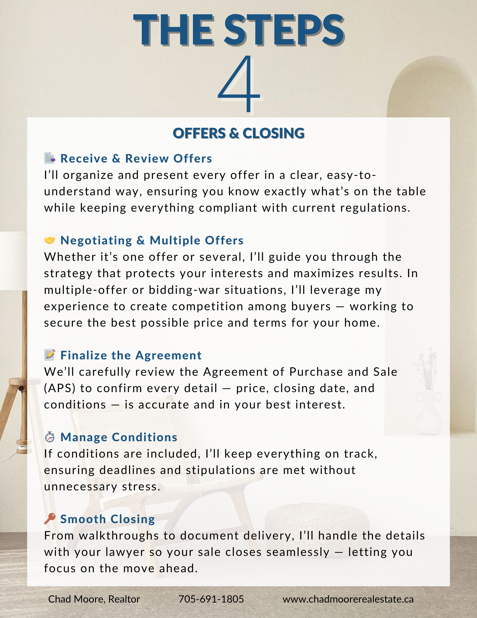 Step 4 graphic from the Seller Experience Guide showing receive and review offers, negotiate and manage multiple offers, finalize the agreement, manage conditions, and complete a smooth closing.