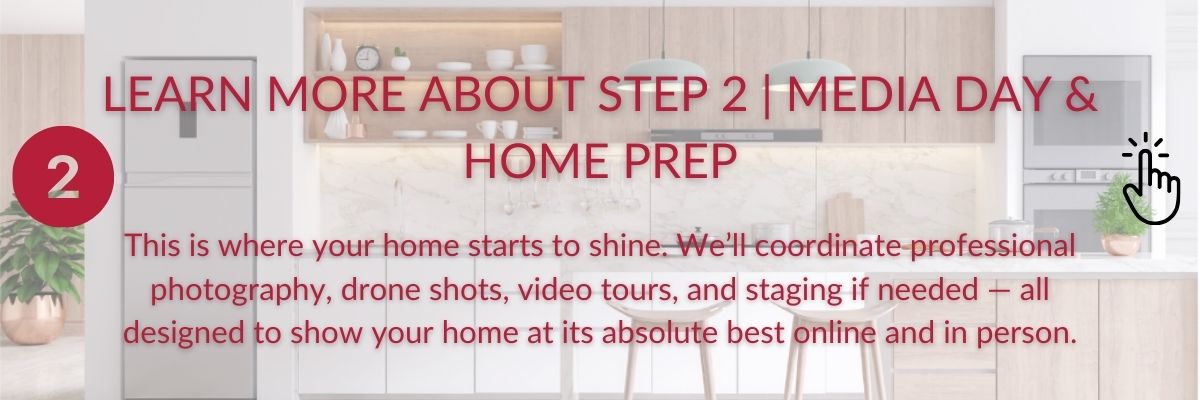 Step 2 graphic for Media Day and home preparation showing professional photography, video, drone, and staging support.