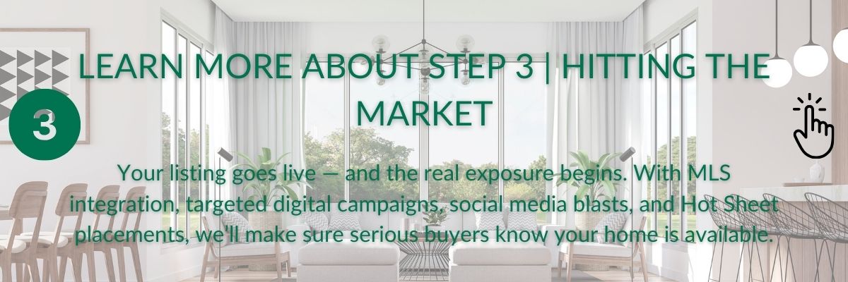 Step 3 graphic for Hitting the Market showing MLS launch, digital campaigns, social promotion, and hot sheet placements.