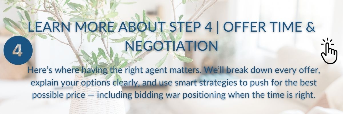 Step 4 graphic for Offer Time and Negotiation showing clear review of offers, options, and smart strategy to reach the best outcome.