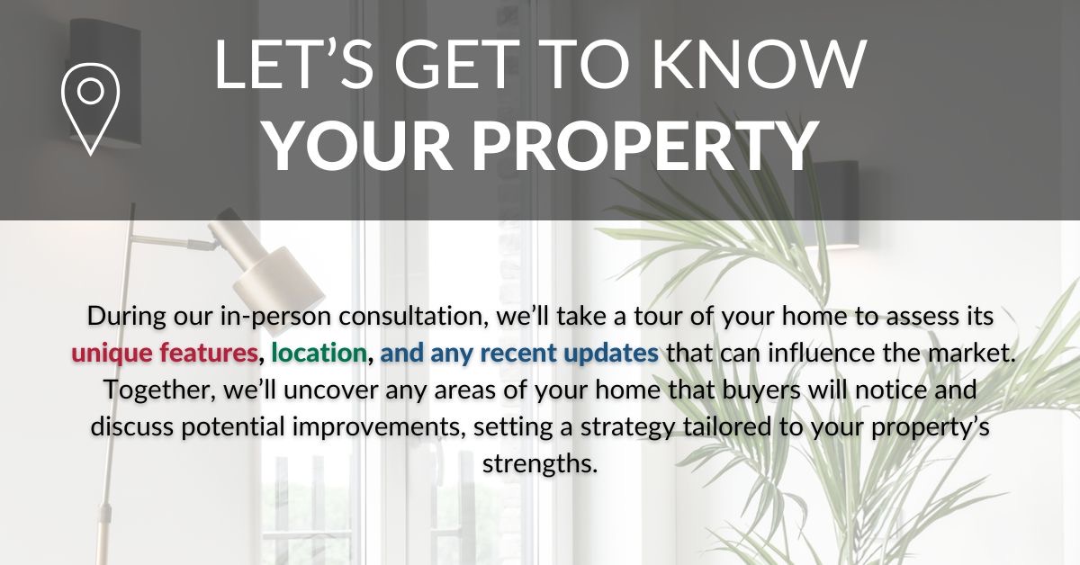 Property walkthrough graphic explaining how Chad Moore reviews unique features, location, and recent updates that can influence a home&rsquo;s market positioning.