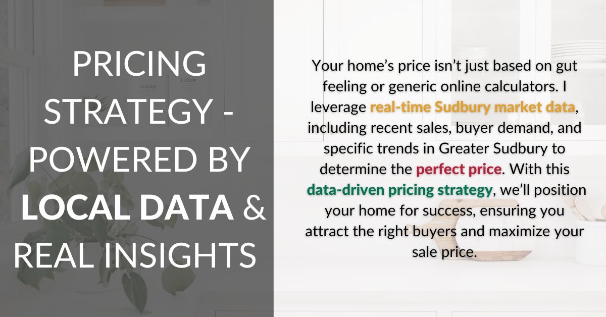 Pricing strategy graphic showing how local data and current Greater Sudbury market insights help determine the right list price.