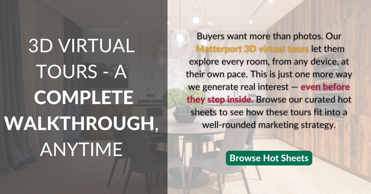 3D virtual tour graphic describing Matterport-style walkthroughs that let buyers explore every room online at their own pace.