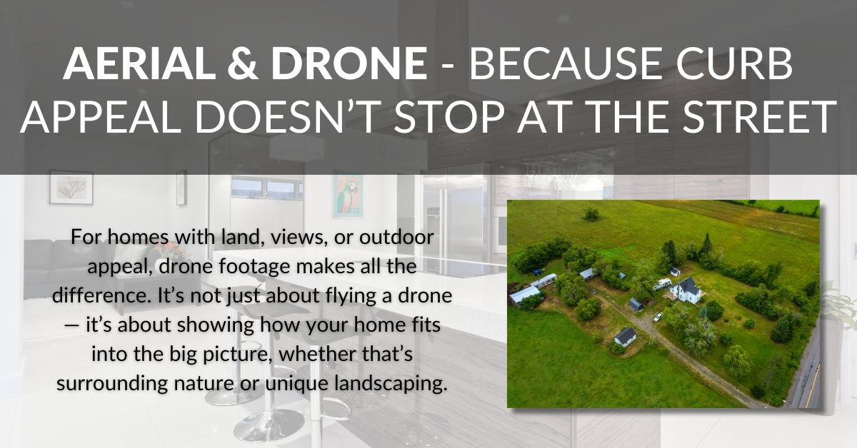 Drone aerial media graphic showing how aerial photography and video highlight land, views, landscaping, and the full property setting.