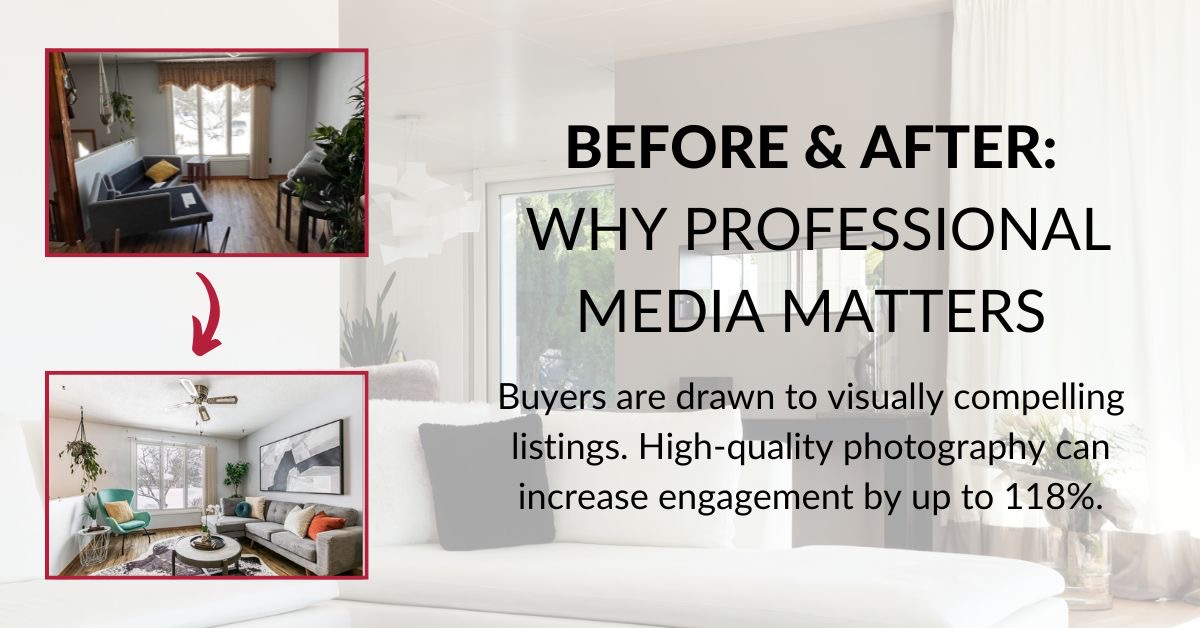 Before and after media graphic showing how professional presentation improves brightness, composition, and visual impact for buyers.