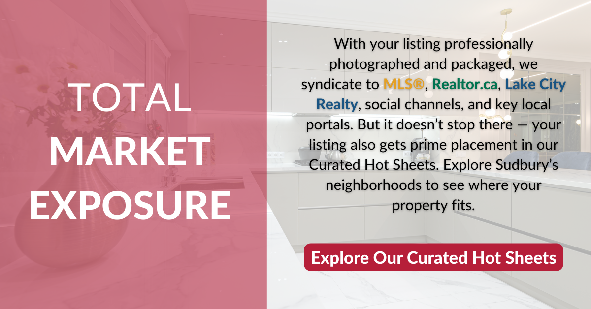 Total market exposure graphic showing how the listing is promoted through MLS, Realtor.ca, Lake City Realty, social media, and curated hot sheets.