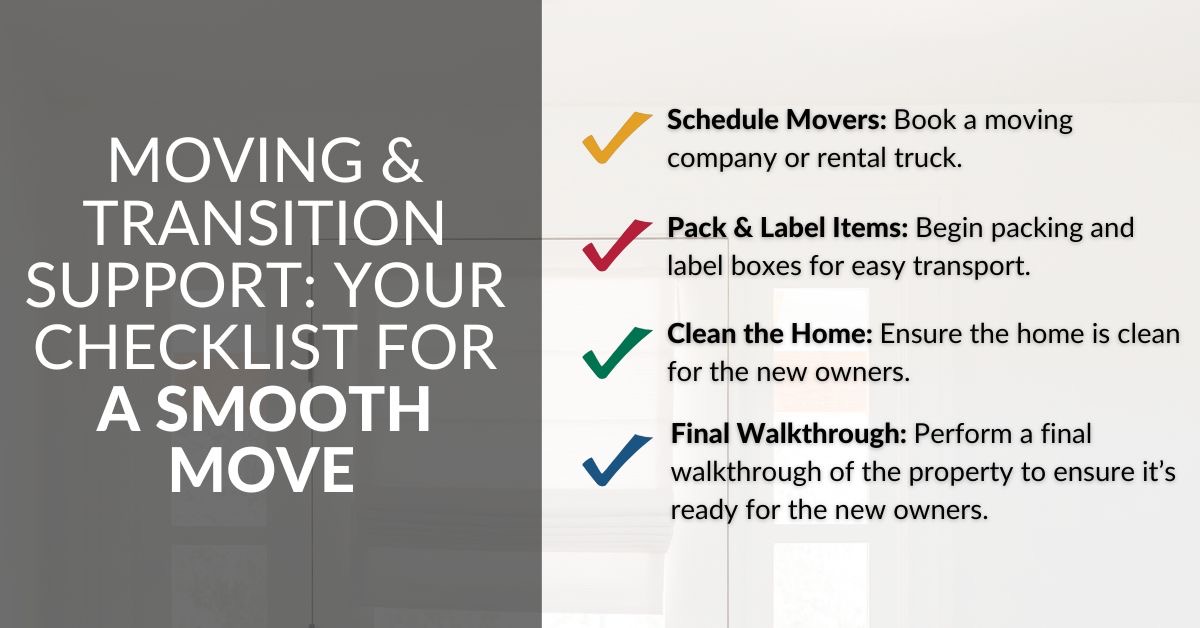 Moving and transition support graphic with a checklist for movers, packing, cleaning, and final walkthrough preparation.