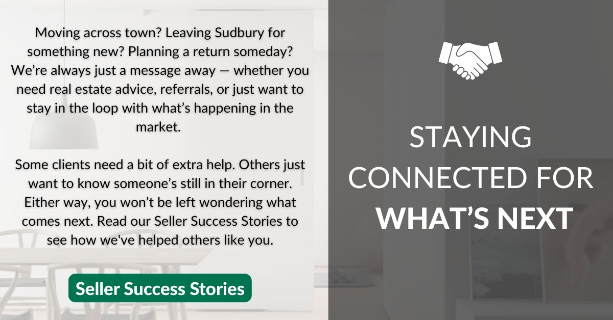 Staying connected for what is next graphic inviting sellers to explore Seller Success Stories and see how ongoing support continues after closing.