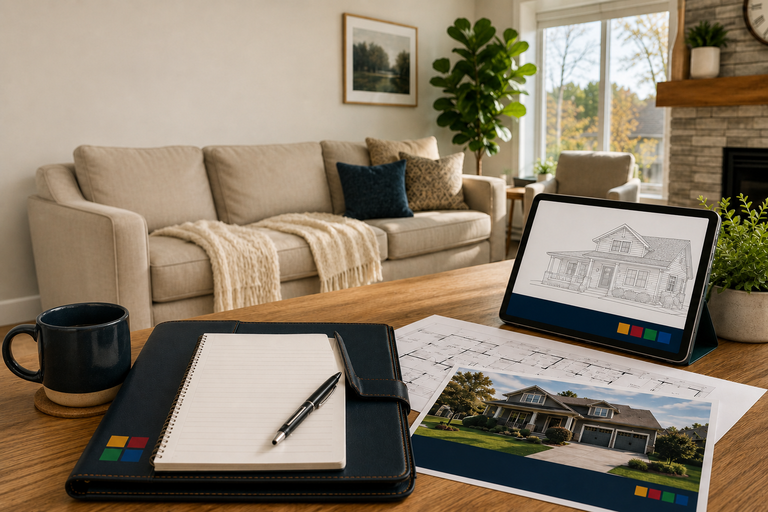 A home-selling plan arranged with a property photo, floor plan, notebook and tablet