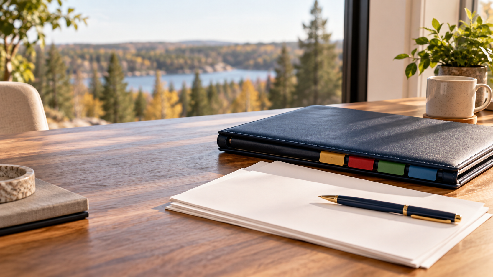 A navy presentation folder beside blank papers on a table, with small gold, red, green and blue tabs and a softly blurred neighbourhood outside.