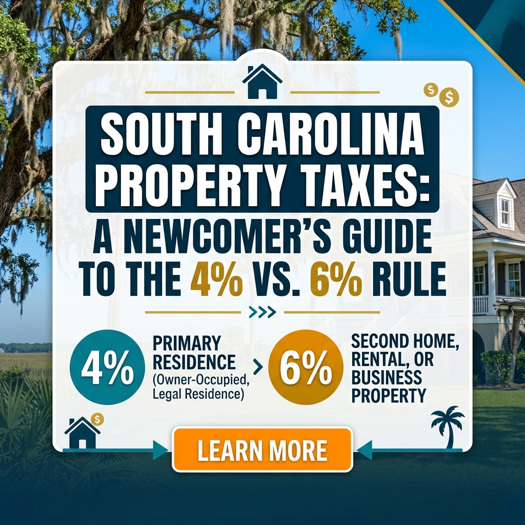 Please create an image with this title in the center, high-contrast Facebook ad layout, centered headline text, 1:1 or 4:5 aspect ratio for Facebook performance: South Carolina Property Taxes: A Newcomer's Guide to the 4% vs. 6% Rule